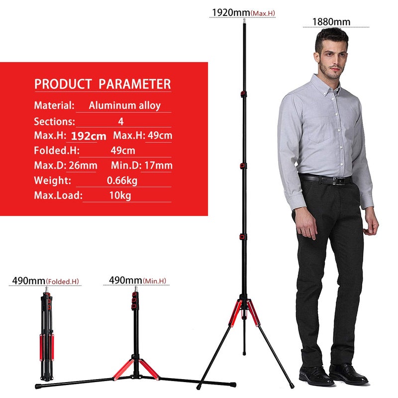 FOSOTO Photography 75" Light Stand Super Lightweight Aluminum Alloy Tripod Light Stand Reverse Legs for Ring Lights Relfectors Softboxes Umbrellas Backgrounds Video Studio with Carry Bag - Image 2